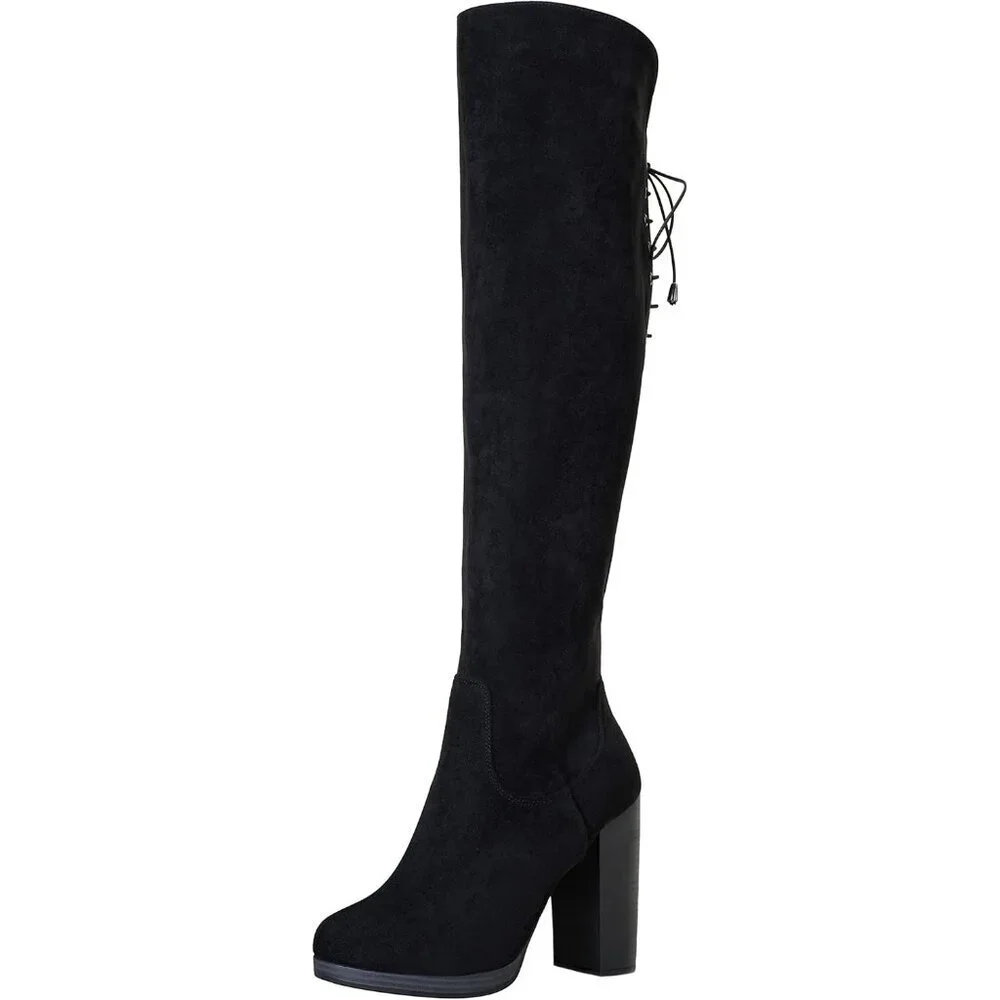 🆕Women's Black-imitation Suede Thigh High Over The Knee Rounded Toe Tall Boot